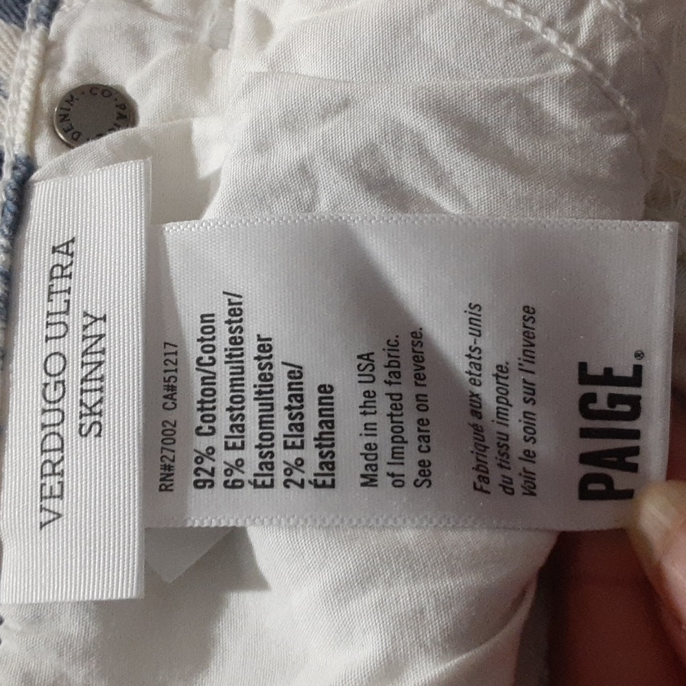PAIGE Verdugo Ultra Skinny  Blue and White Pants with Geometric Print Size 27 - Picture 8 of 8